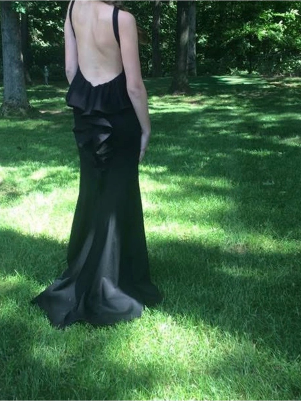 Xscape Black Backless Ruffle Gown